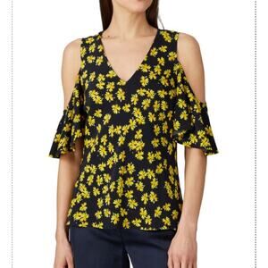 Derek Lam 10 Crosby Black & Yellow Daffodil Floral Cold Shoulder Flutter Blouse